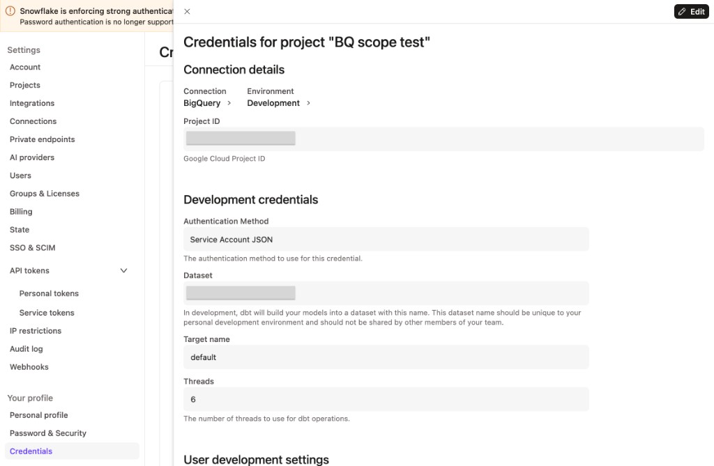 BigQuery Development Credentials BigQuery Development Credentials
