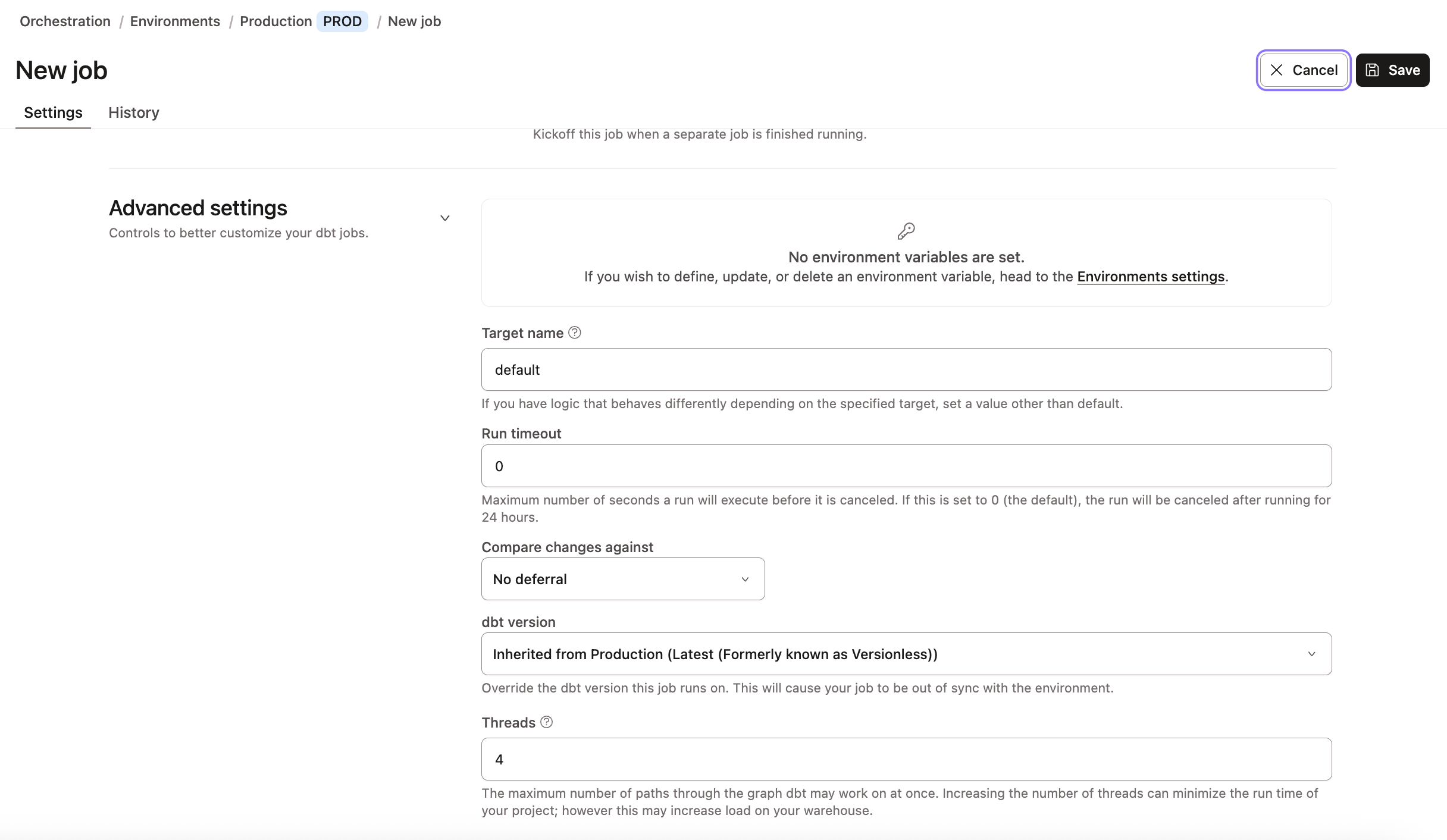Settings of a dbt job
