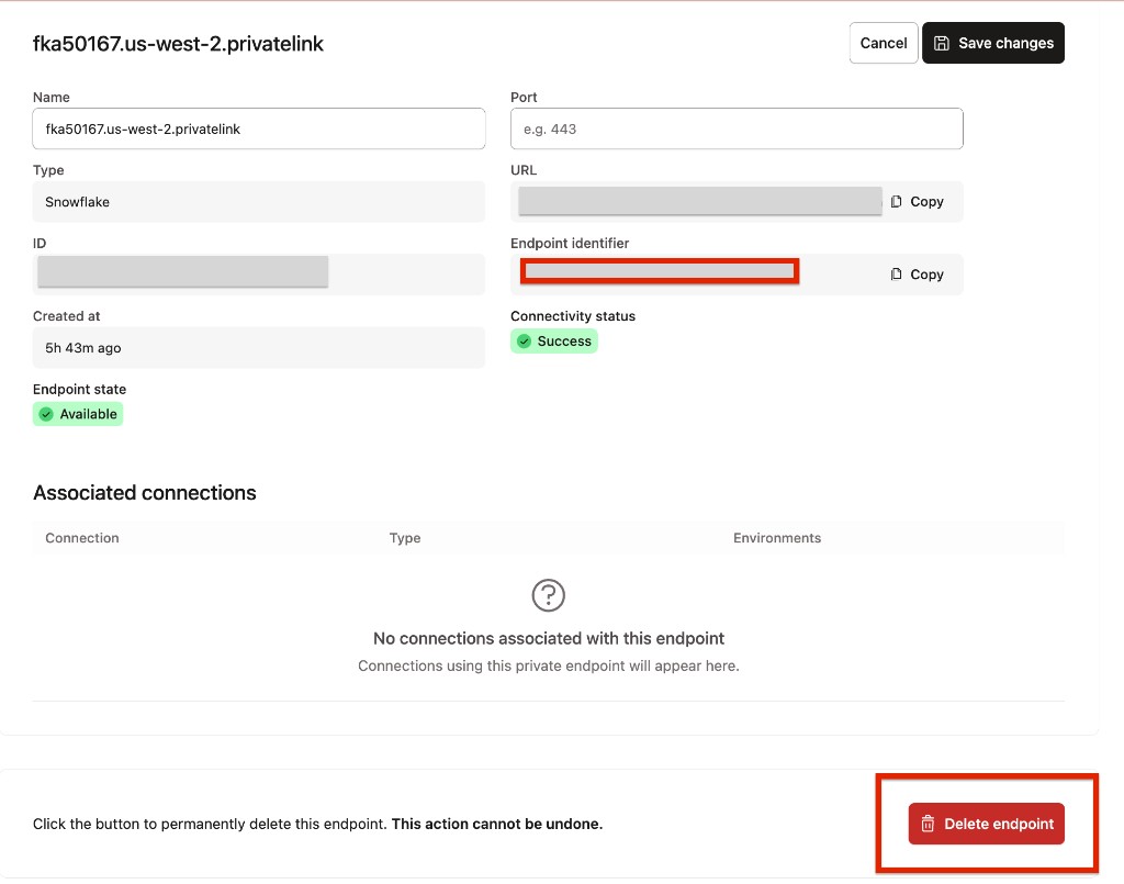 Private endpoint details page in edit mode with the Delete endpoint button Private endpoint details page in edit mode with the Delete endpoint button