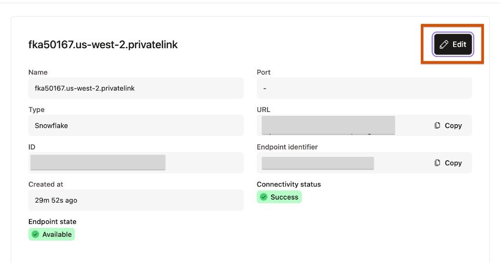 Private endpoint details page with the Edit button Private endpoint details page with the Edit button
