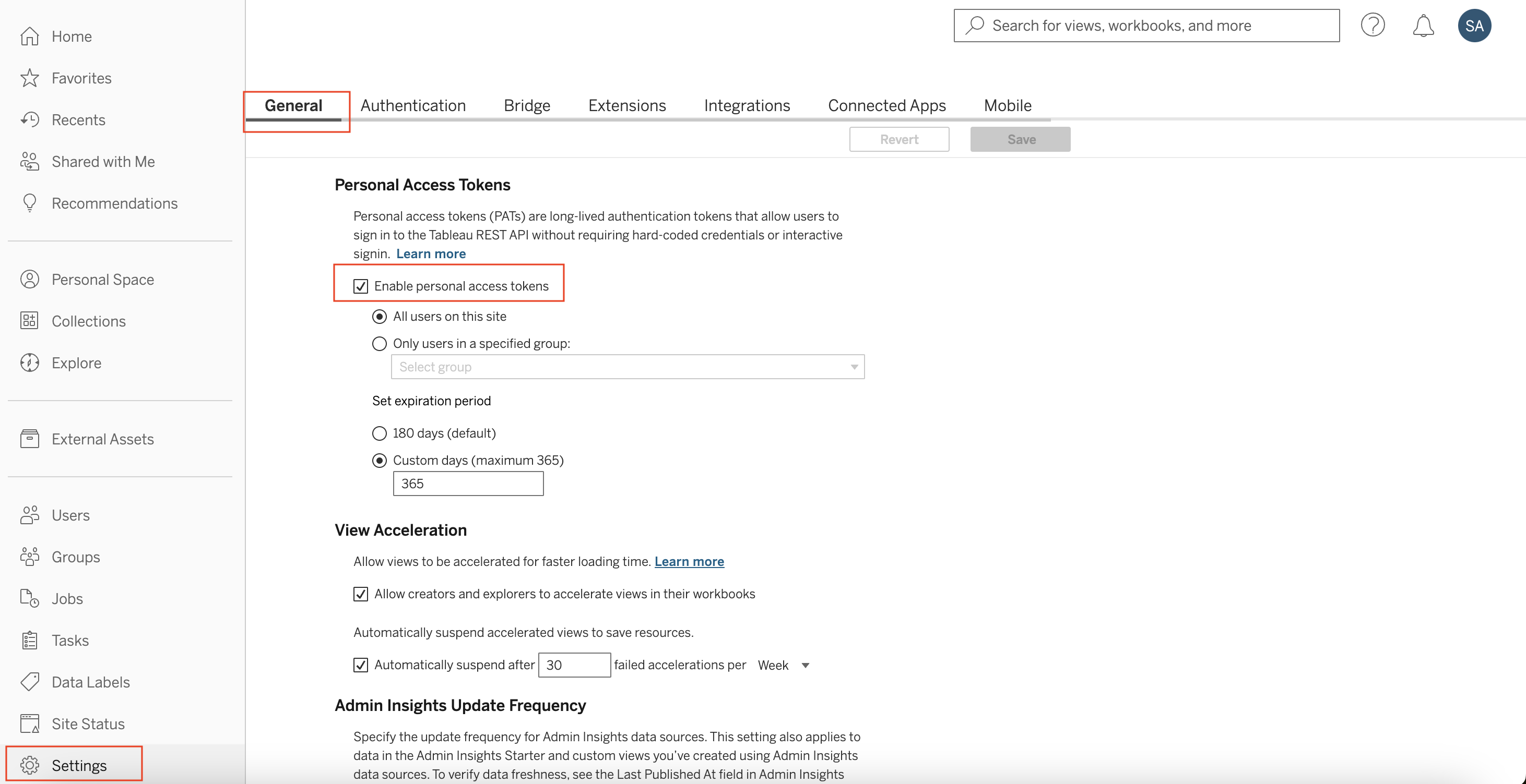 Enable PATs for the account in Tableau Enable PATs for the account in Tableau