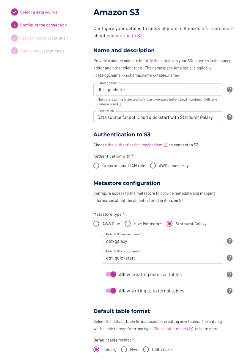 Amazon S3 connection settings in Starburst Galaxy Amazon S3 connection settings in Starburst Galaxy